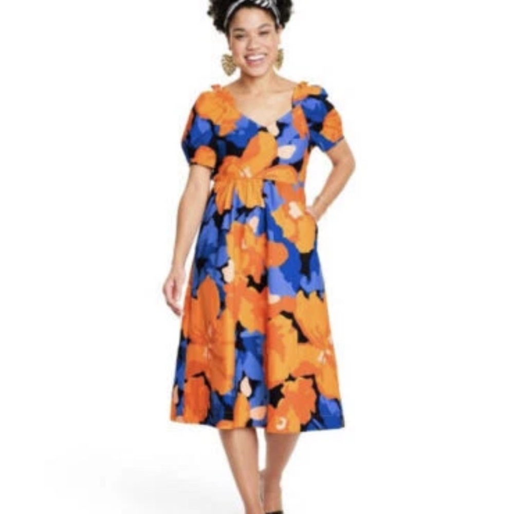 Vibrant Orange and Blue Floral Midi Dress